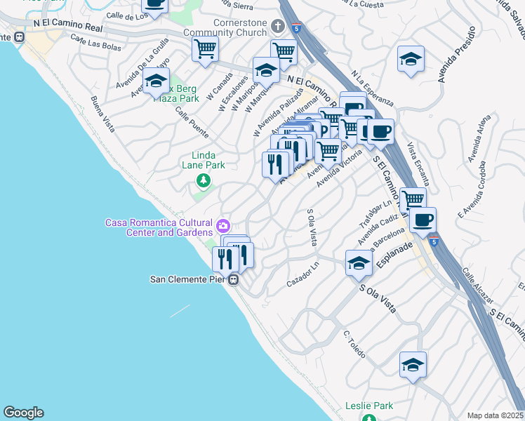 map of restaurants, bars, coffee shops, grocery stores, and more near 307 Avenida Del Mar in San Clemente