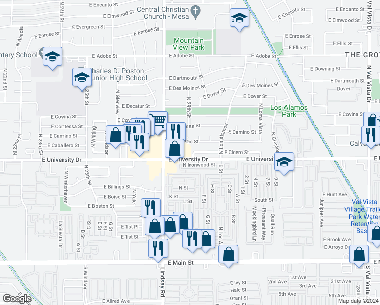 map of restaurants, bars, coffee shops, grocery stores, and more near 410 North Roca in Mesa