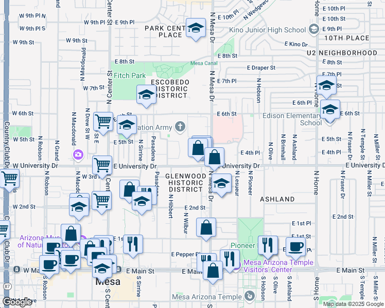 map of restaurants, bars, coffee shops, grocery stores, and more near 262 East University Drive in Mesa