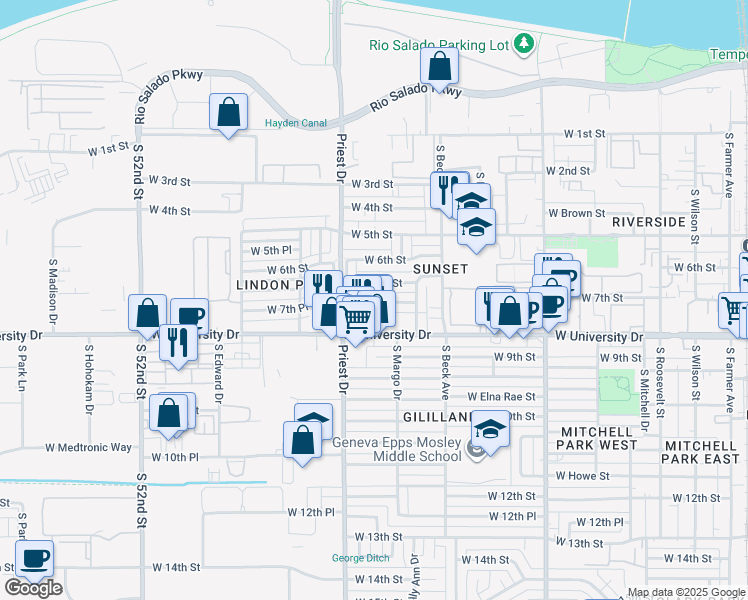 map of restaurants, bars, coffee shops, grocery stores, and more near 712 South Darrow Drive in Tempe