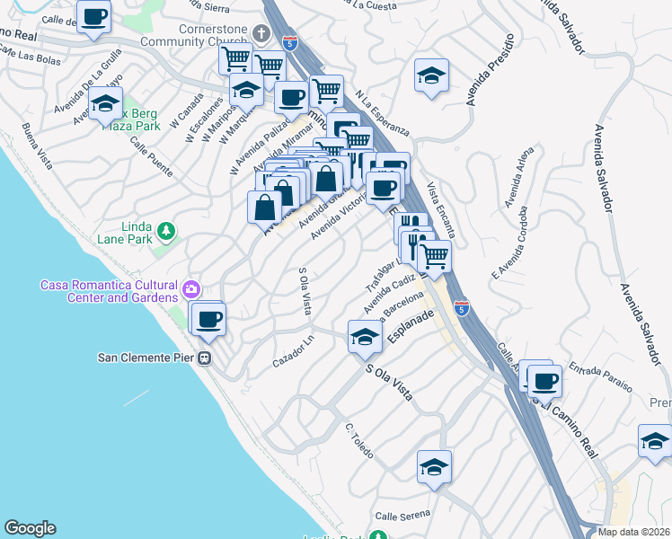 map of restaurants, bars, coffee shops, grocery stores, and more near 229 Avenida Santa Barbara in San Clemente