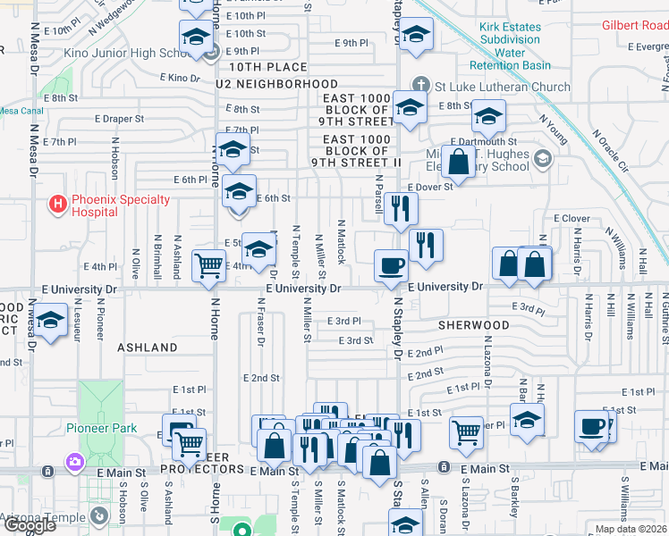 map of restaurants, bars, coffee shops, grocery stores, and more near 430 North Matlock in Mesa