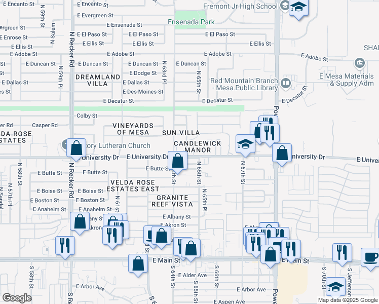 map of restaurants, bars, coffee shops, grocery stores, and more near 36 Candlewick Manor Apartment in Mesa