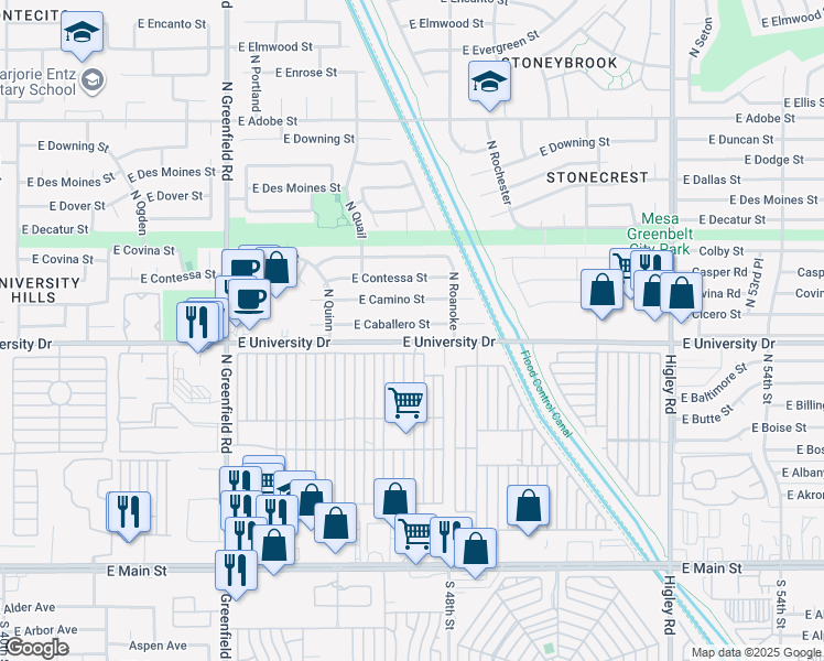 map of restaurants, bars, coffee shops, grocery stores, and more near 4731 East Caballero Street in Mesa