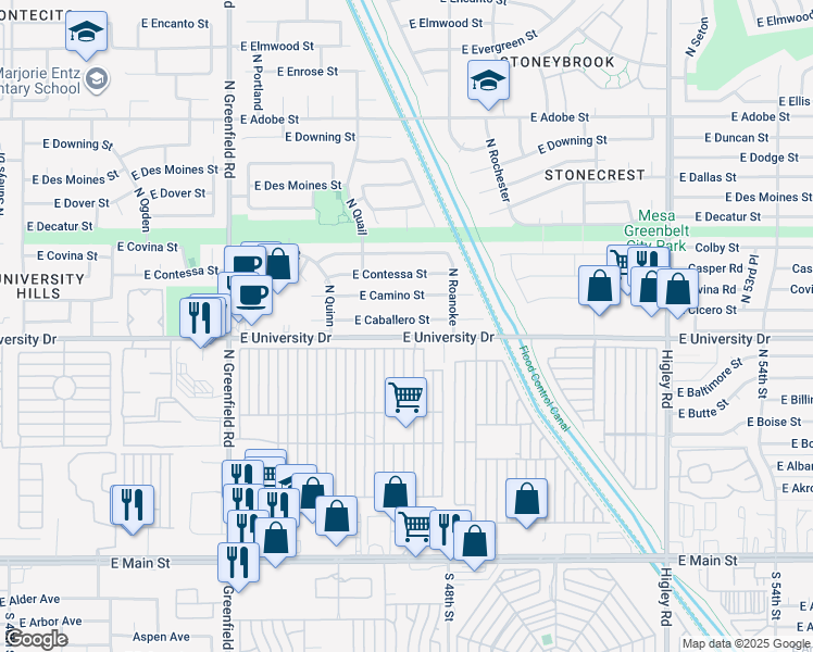 map of restaurants, bars, coffee shops, grocery stores, and more near 4731 East Caballero Street in Mesa