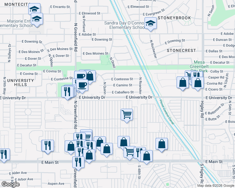 map of restaurants, bars, coffee shops, grocery stores, and more near 4651 East Caballero Street in Mesa