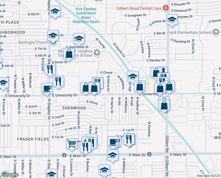 map of restaurants, bars, coffee shops, grocery stores, and more near 1604 East University Drive in Mesa