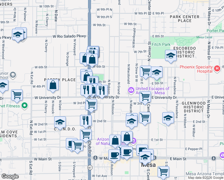map of restaurants, bars, coffee shops, grocery stores, and more near 421 North Robson in Mesa