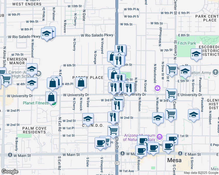 map of restaurants, bars, coffee shops, grocery stores, and more near 31 West 4th Place in Mesa