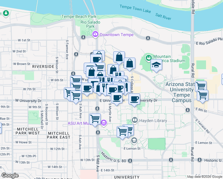 map of restaurants, bars, coffee shops, grocery stores, and more near 113 East 7th Street in Tempe