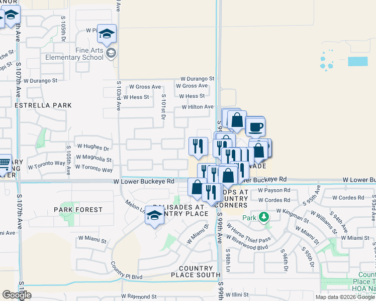 map of restaurants, bars, coffee shops, grocery stores, and more near 10010 West Veliana Way in Tolleson