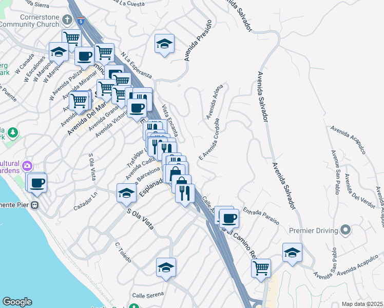 map of restaurants, bars, coffee shops, grocery stores, and more near 305 East Avenida Cordoba in San Clemente