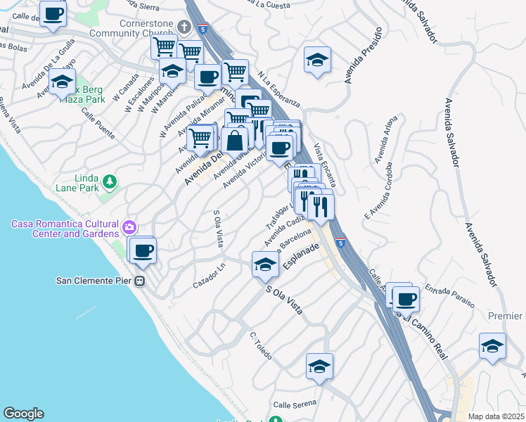 map of restaurants, bars, coffee shops, grocery stores, and more near 223 Avenida Monterey in San Clemente