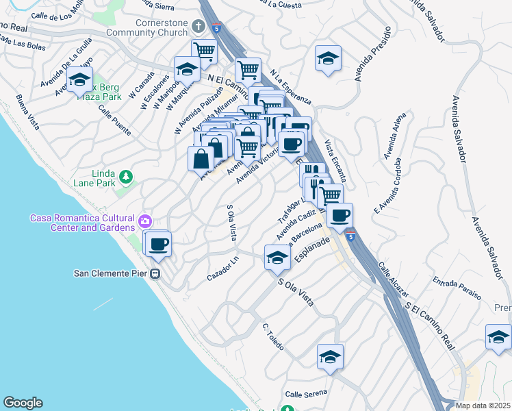 map of restaurants, bars, coffee shops, grocery stores, and more near 231 Avenida Santa Barbara in San Clemente