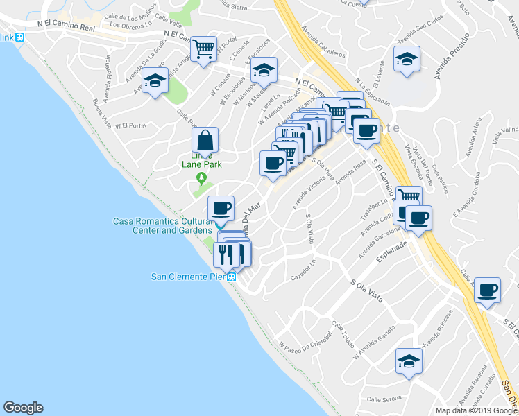 map of restaurants, bars, coffee shops, grocery stores, and more near in San Clemente