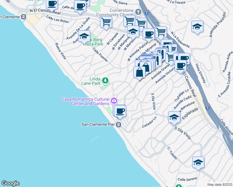 map of restaurants, bars, coffee shops, grocery stores, and more near 327 Avenida Cabrillo in San Clemente