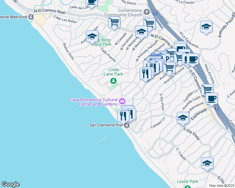 map of restaurants, bars, coffee shops, grocery stores, and more near 409 Arenoso Lane in San Clemente