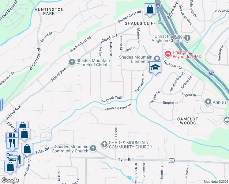 map of restaurants, bars, coffee shops, grocery stores, and more near 2349 Patton Street in Birmingham