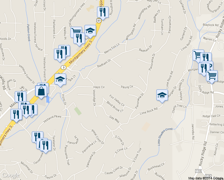 map of restaurants, bars, coffee shops, grocery stores, and more near 2104 Fox Valley Circle in Vestavia Hills