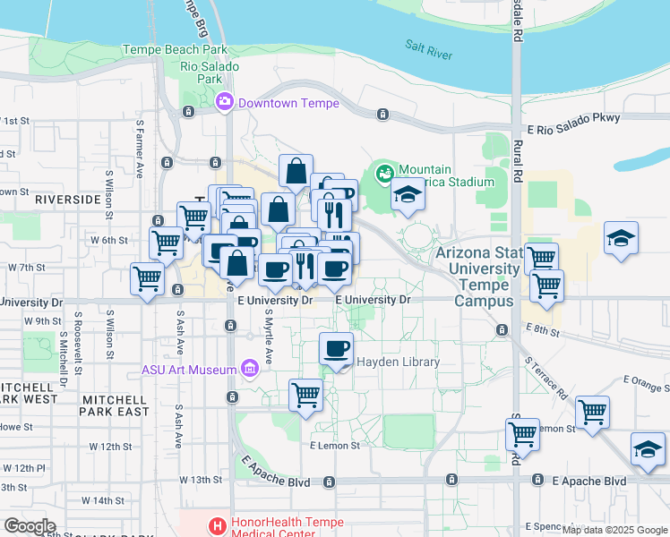 map of restaurants, bars, coffee shops, grocery stores, and more near Arizona State University in Tempe