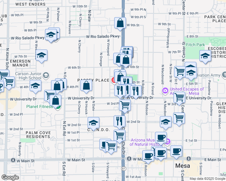 map of restaurants, bars, coffee shops, grocery stores, and more near 31 West 4th Place in Mesa