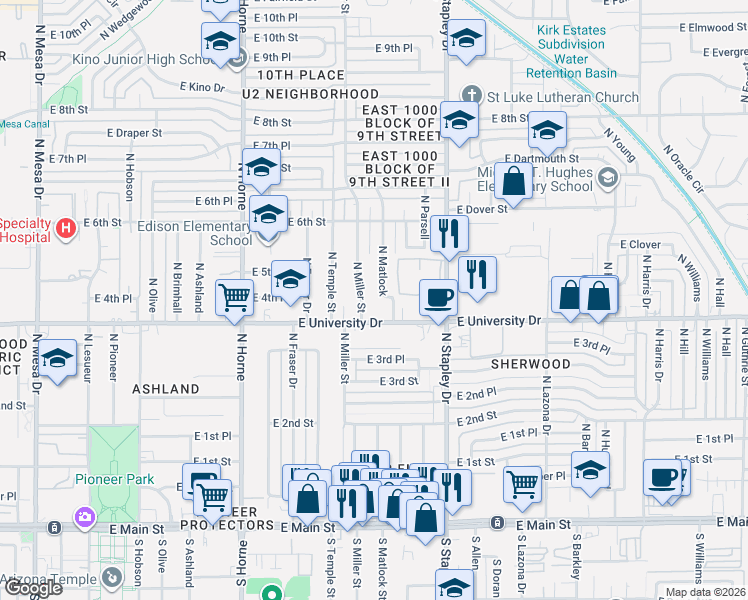 map of restaurants, bars, coffee shops, grocery stores, and more near 430 North Matlock in Mesa