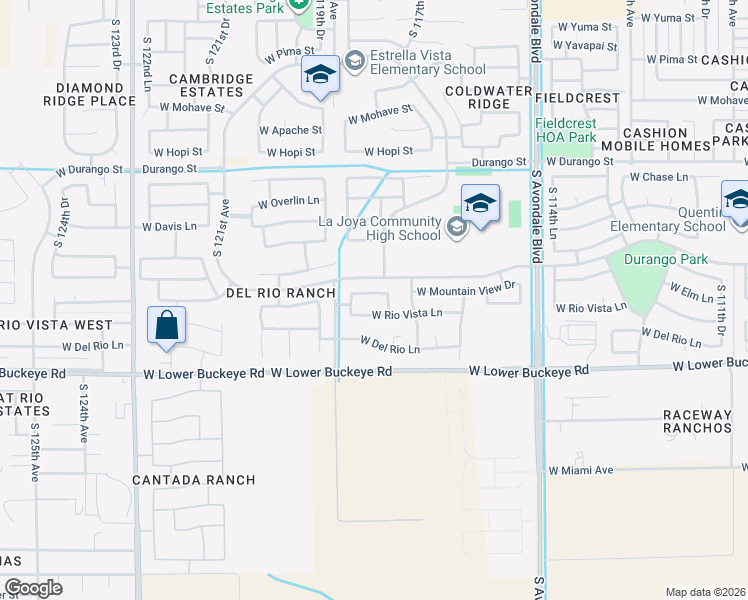 map of restaurants, bars, coffee shops, grocery stores, and more near 11724 West Rio Vista Lane in Avondale