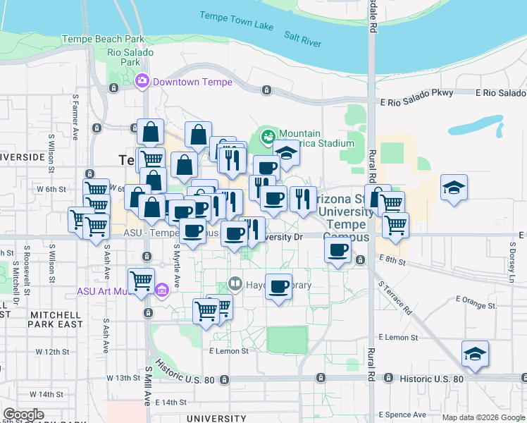 map of restaurants, bars, coffee shops, grocery stores, and more near 500 East University Drive in Tempe