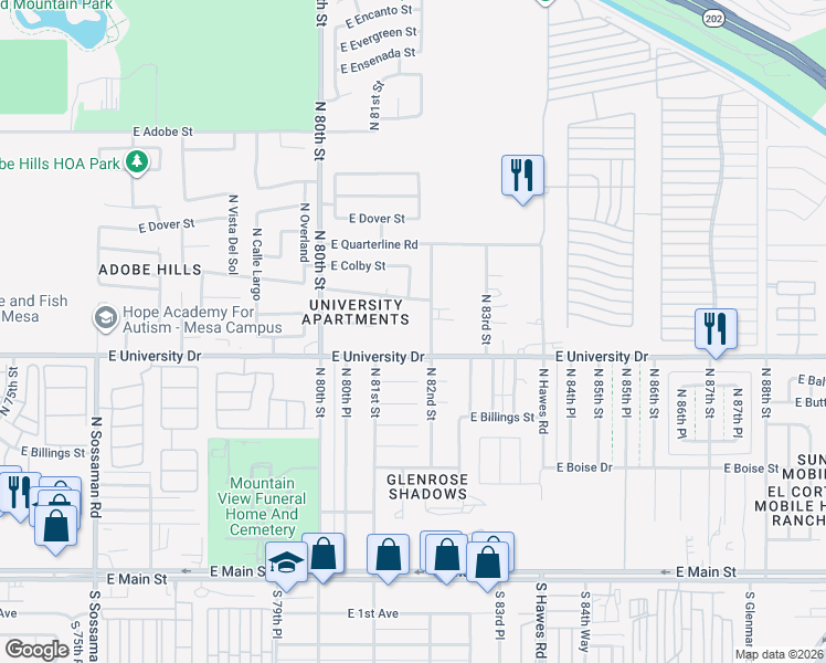 map of restaurants, bars, coffee shops, grocery stores, and more near 8146 East University Drive in Mesa