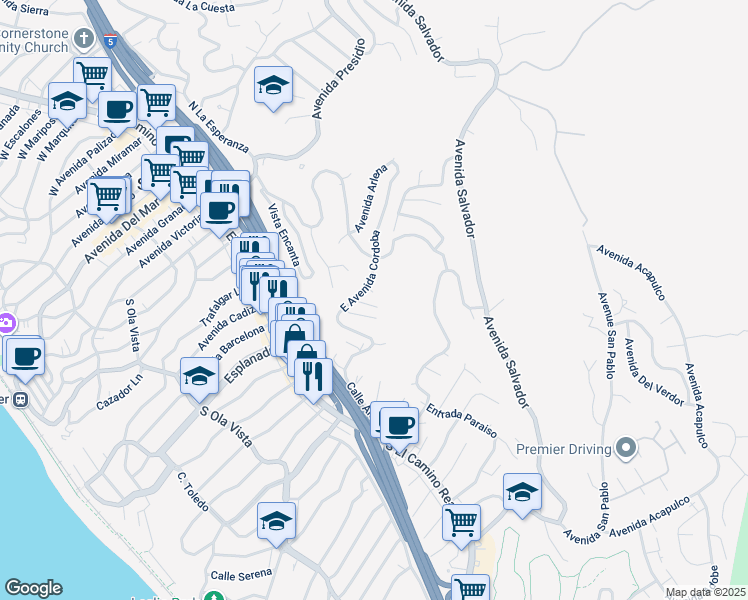 map of restaurants, bars, coffee shops, grocery stores, and more near 1205 Via La Mesa in San Clemente