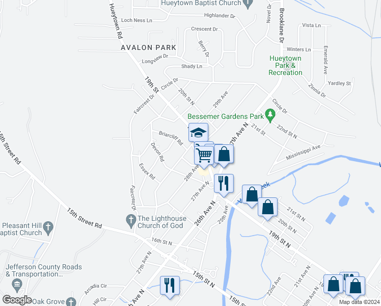 map of restaurants, bars, coffee shops, grocery stores, and more near 1827 29th Avenue in Bessemer