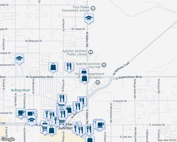 map of restaurants, bars, coffee shops, grocery stores, and more near 1001 North Idaho Road in Apache Junction
