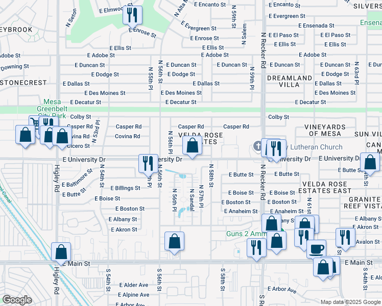 map of restaurants, bars, coffee shops, grocery stores, and more near 5708 East University Drive in Mesa