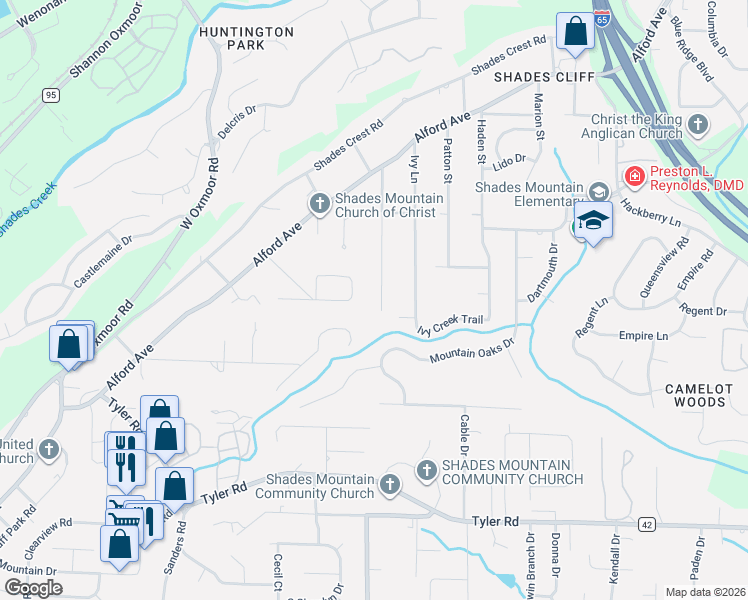 map of restaurants, bars, coffee shops, grocery stores, and more near 2260 Pine Lane in Hoover
