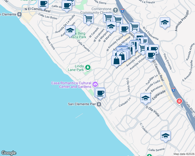 map of restaurants, bars, coffee shops, grocery stores, and more near 330 Avenida Cabrillo in San Clemente