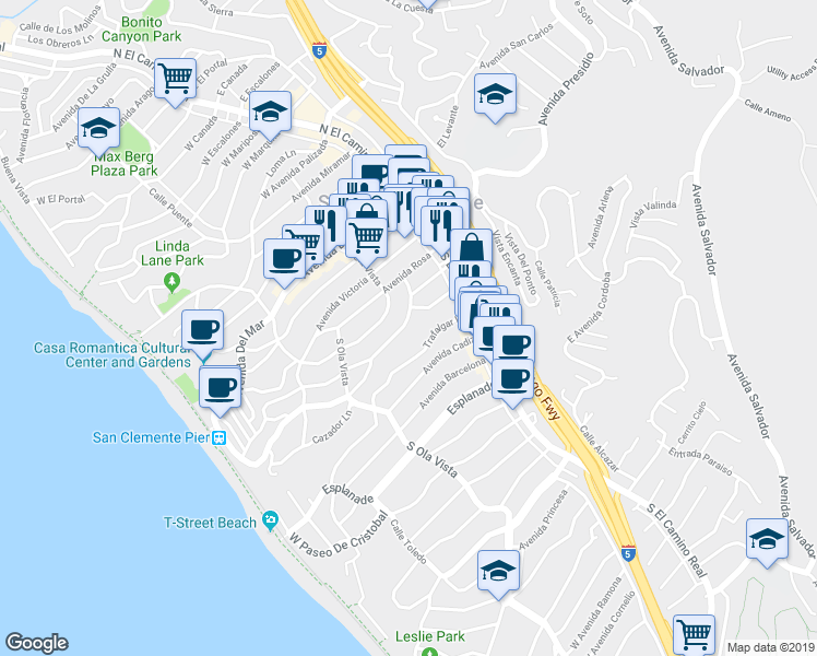 map of restaurants, bars, coffee shops, grocery stores, and more near 221 Avenida Monterey in San Clemente