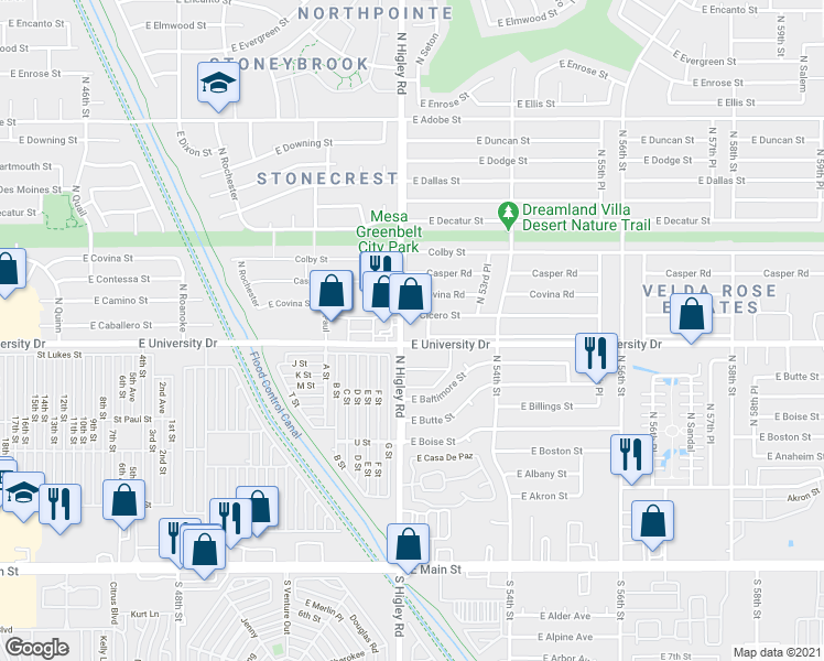 map of restaurants, bars, coffee shops, grocery stores, and more near 5202 East University Drive in Mesa