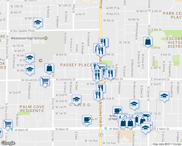 map of restaurants, bars, coffee shops, grocery stores, and more near 31 West 4th Place in Mesa