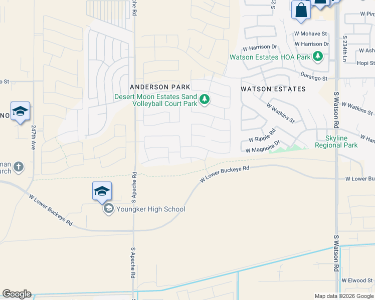map of restaurants, bars, coffee shops, grocery stores, and more near 2580 South 238th Lane in Buckeye