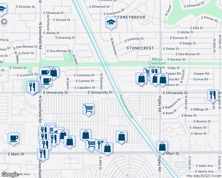 map of restaurants, bars, coffee shops, grocery stores, and more near 4845 East Caballero Circle in Mesa