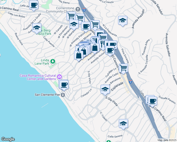 map of restaurants, bars, coffee shops, grocery stores, and more near South Ola Vista & Avenida Rosa in San Clemente