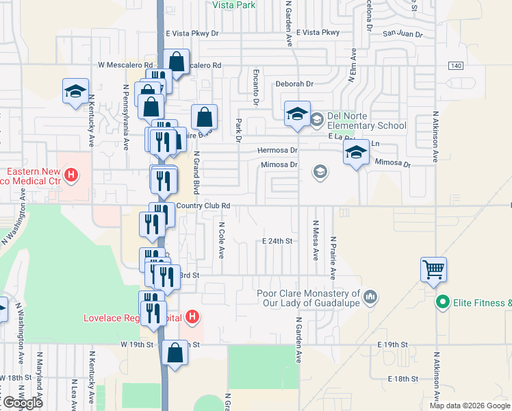 map of restaurants, bars, coffee shops, grocery stores, and more near 407 East Country Club Road in Roswell