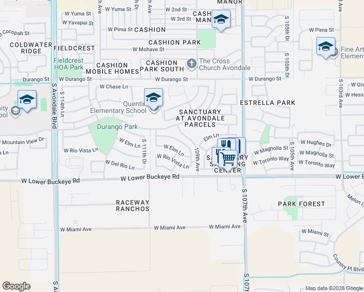 map of restaurants, bars, coffee shops, grocery stores, and more near 2505 South 109th Drive in Avondale