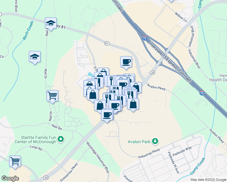 map of restaurants, bars, coffee shops, grocery stores, and more near 1484 Georgia 20 in McDonough