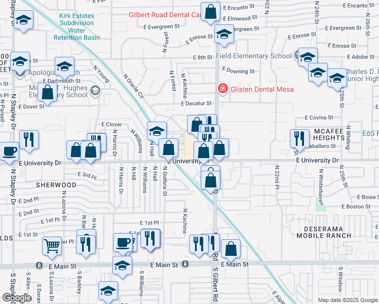 map of restaurants, bars, coffee shops, grocery stores, and more near 1860 East University Drive in Mesa
