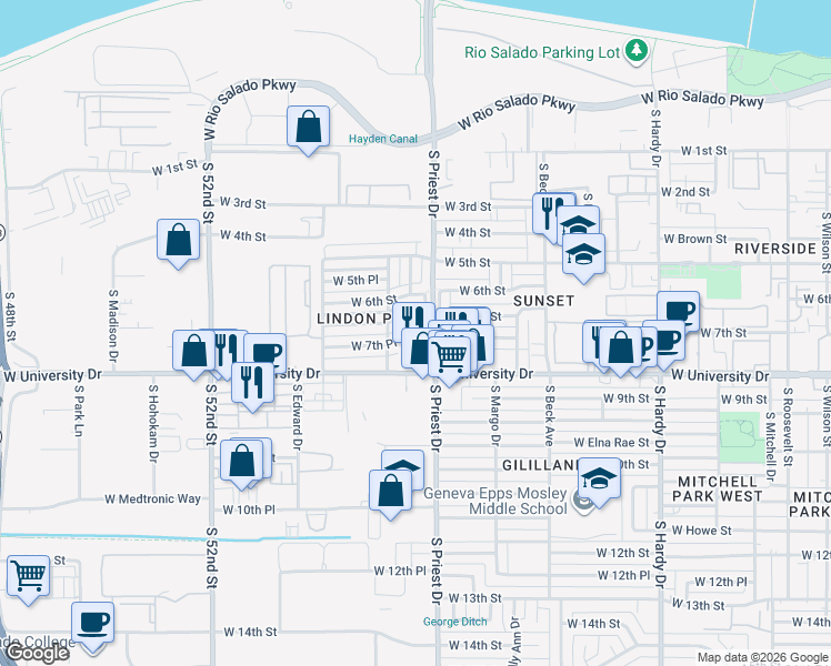 map of restaurants, bars, coffee shops, grocery stores, and more near 1407 West 7th Place in Tempe