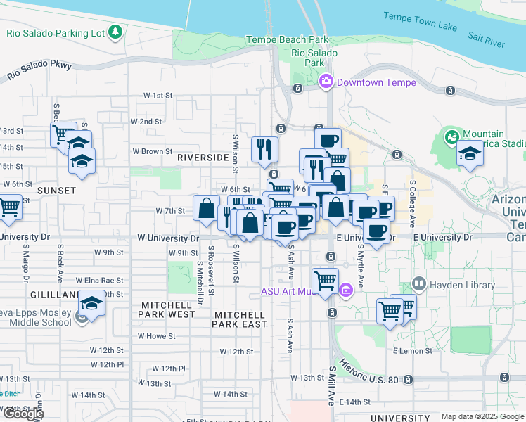 map of restaurants, bars, coffee shops, grocery stores, and more near 655S Ash Avenue in Tempe