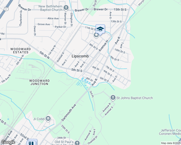 map of restaurants, bars, coffee shops, grocery stores, and more near 5907 5th Street South in Bessemer