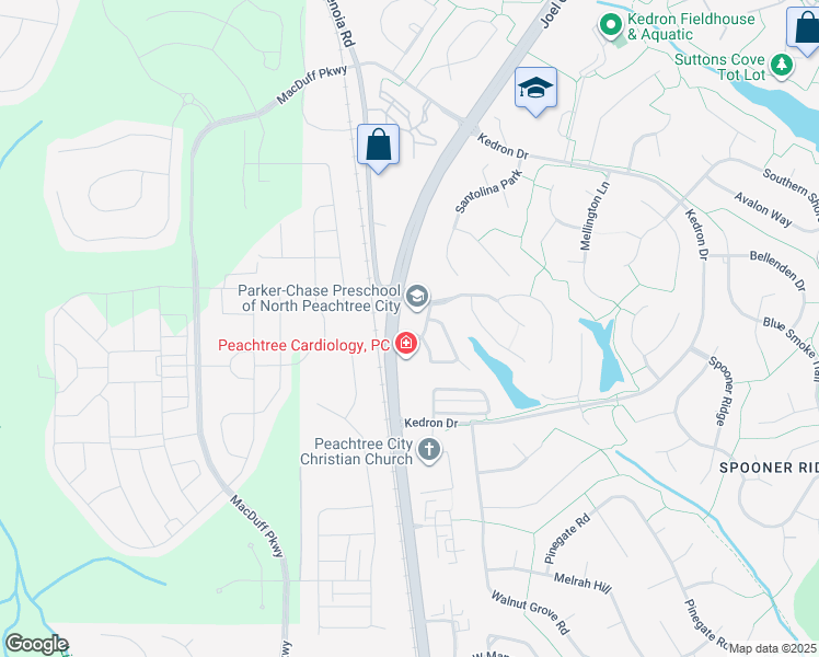map of restaurants, bars, coffee shops, grocery stores, and more near 101 McWilliams Drive in Peachtree City