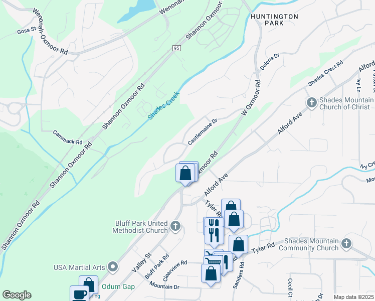 map of restaurants, bars, coffee shops, grocery stores, and more near 1009 Castlemaine Drive in Birmingham